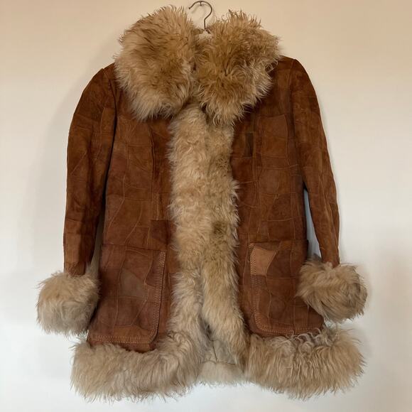 Vtg M Penny Lane Patchwork Brown Suede Coat Faux Fur Trim Medium Boho Western - Picture 1 of 11